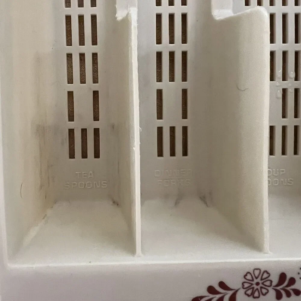 Vintage Silverware Flatware Organizer Tray Beige Maroon Floral Labeled 6 Section
